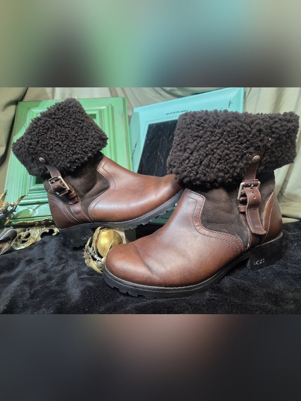 UGG Women's Brown Shearling-Trim Leather Mid-calf Convertable Motorcycle Boots